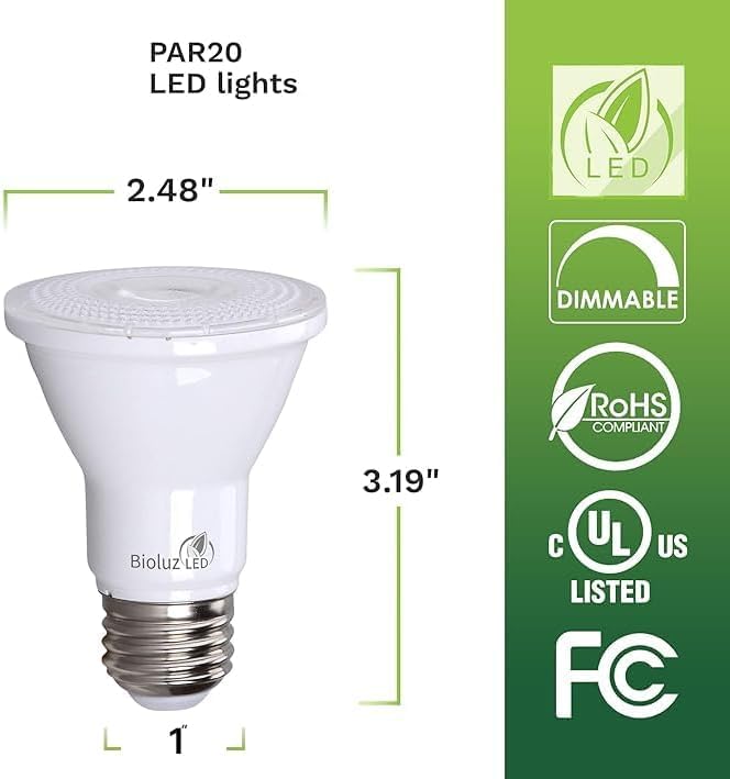 Bioluz LED PAR20 Bulbs 4 Pack, 5000K Daylight, Dimmable, 50W Equivalent, E26 Base, 7W, UL Listed