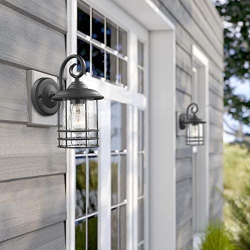 Emliviar 1-Light Outdoor Wall Lantern Twin Pack, Black Finish With Seeded Glass