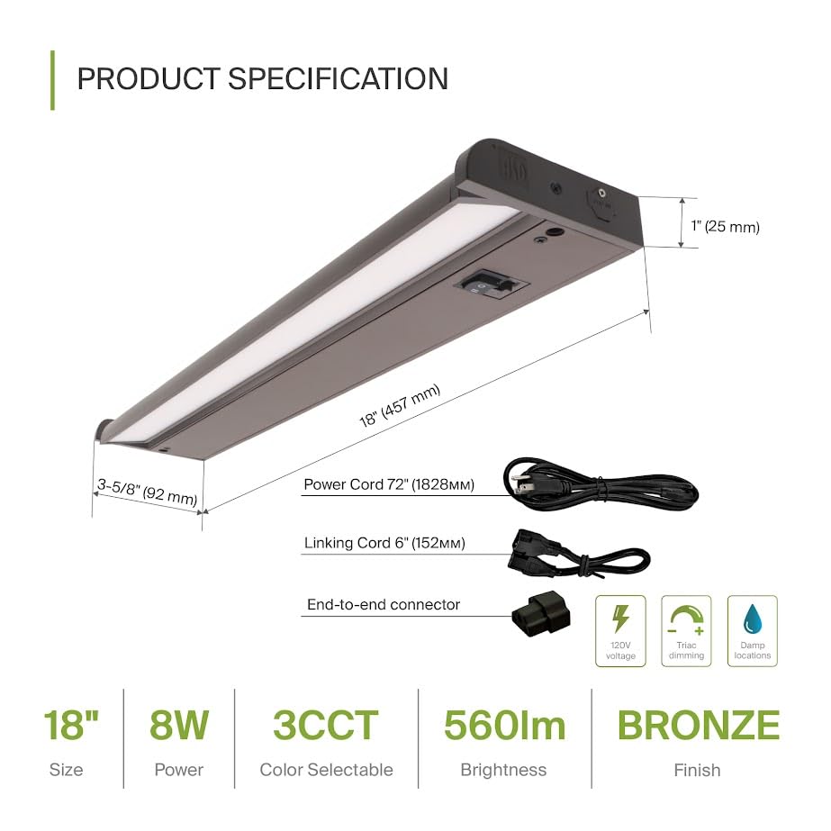 ASD Swivel LED Under Cabinet Light, Dimmable, 18 Inch, Aluminum, 2700K/3000K/4000K, Hardwired/Plug-in, Model A-U