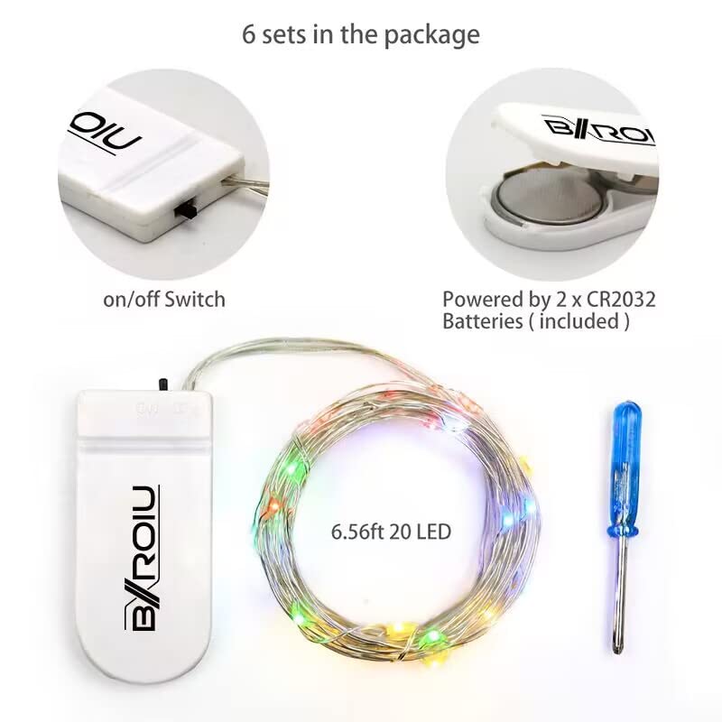 BXROIU Fairy Lights - 6 Pack 20 LEDs Micro Silver Wire String Lights, 6.6Ft, Battery Operated, Multicolor for Bedroom & Wedding Decor