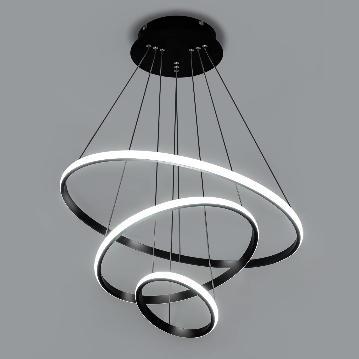 Viruhaka Modern LED Pendant Light, Adjustable Height Circular Entrance Black 3 Ring Circular Chandelier Fixture, Suitable for Re