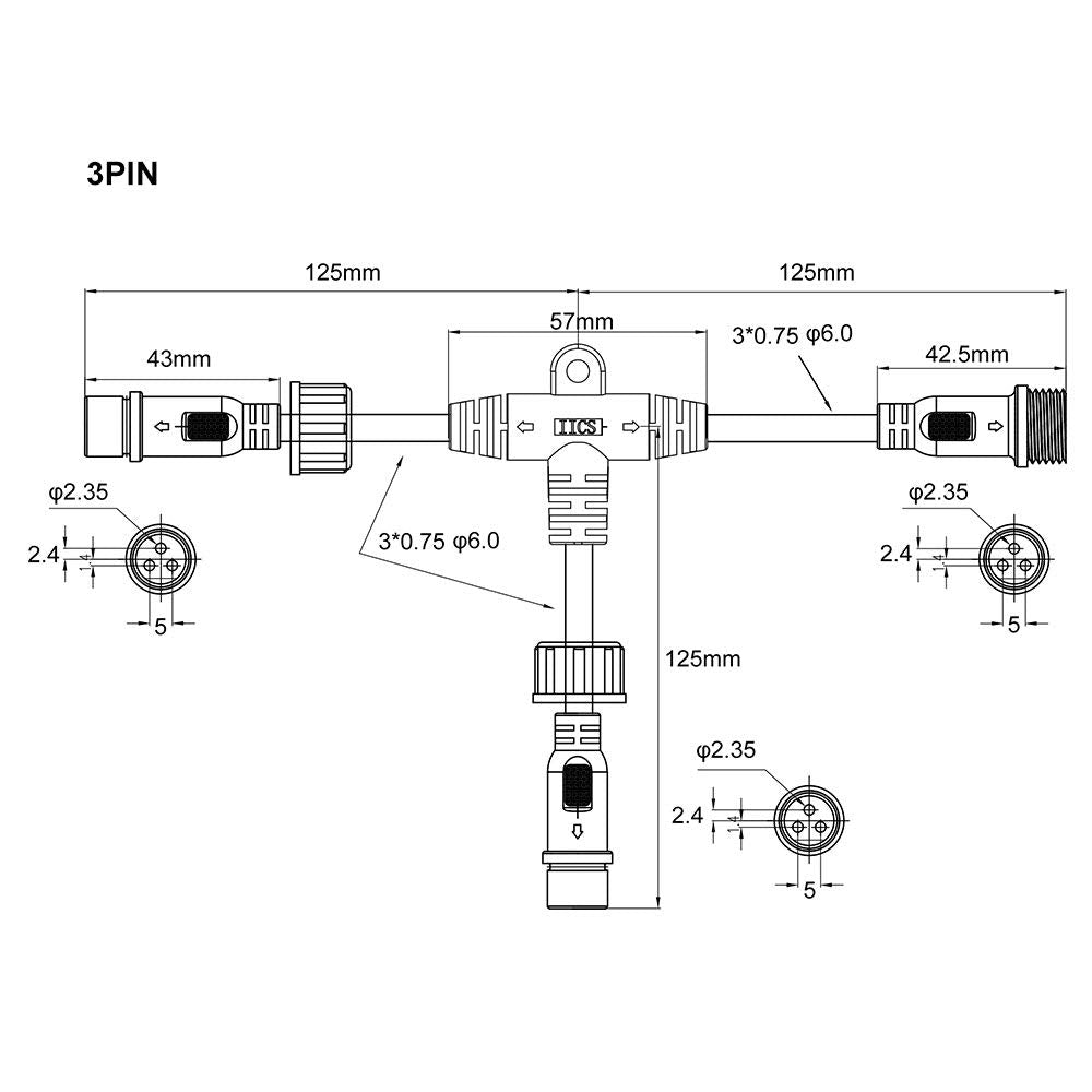 Btf-Lighting 5 Pcs 3 Core 3 Pin Black Plastics Ip65 T Shape Tee Big Size Connector 1 Male Ends 2 Female End 0.75Mm²/18Awg 22Mm Nut