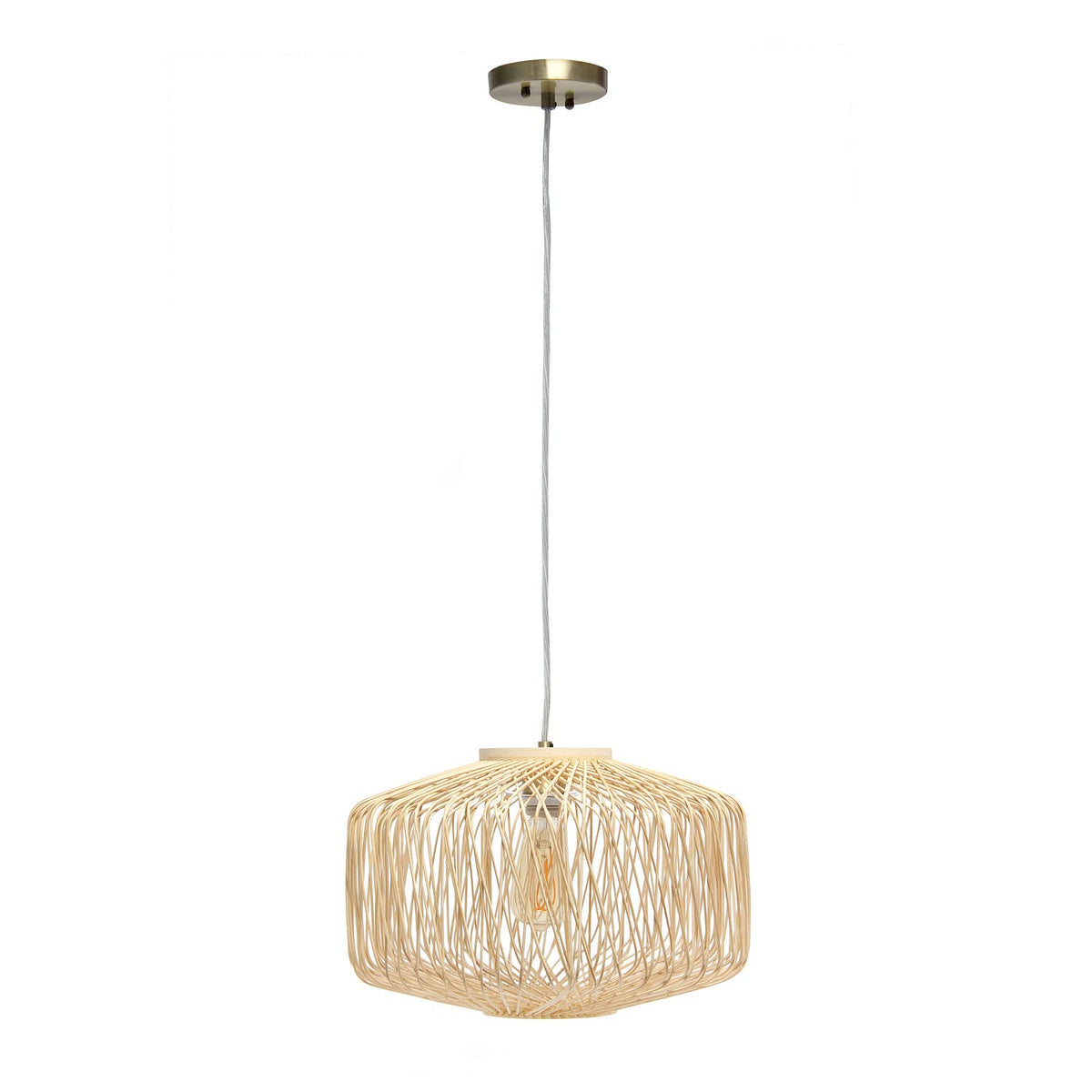 Elegant Designs Pt1009-Nat Coastal Rattan Wicker Rigid Shape Round Hanging Ceiling Pendant Light Chandelier, Natural