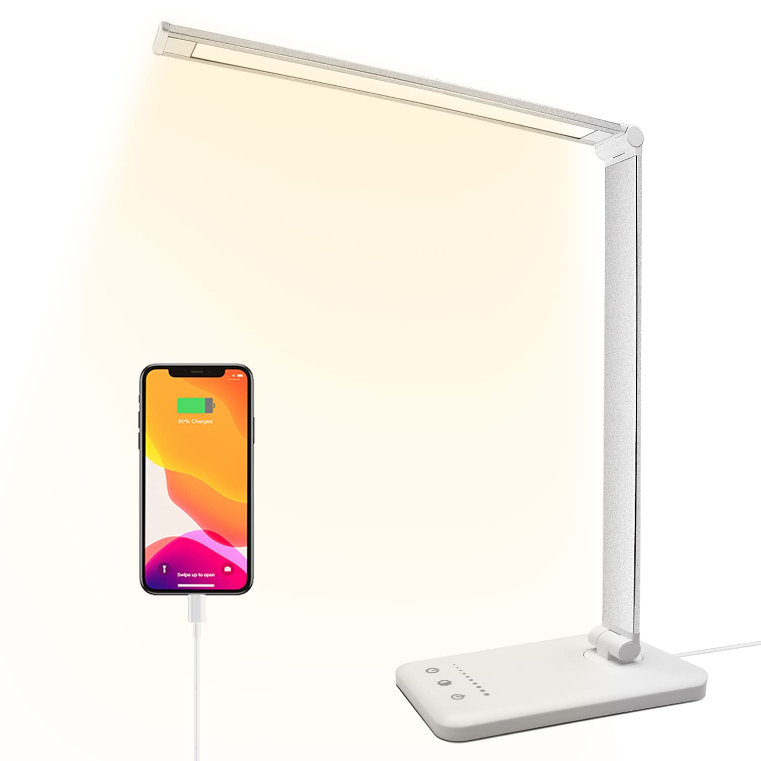 HMFUNTM Led Desk Lamp, Desk Lamp with USB Charging Port, 5 Color Modes, 10 Brightness, Natural Light, Eye Caring Reading Lamp, D
