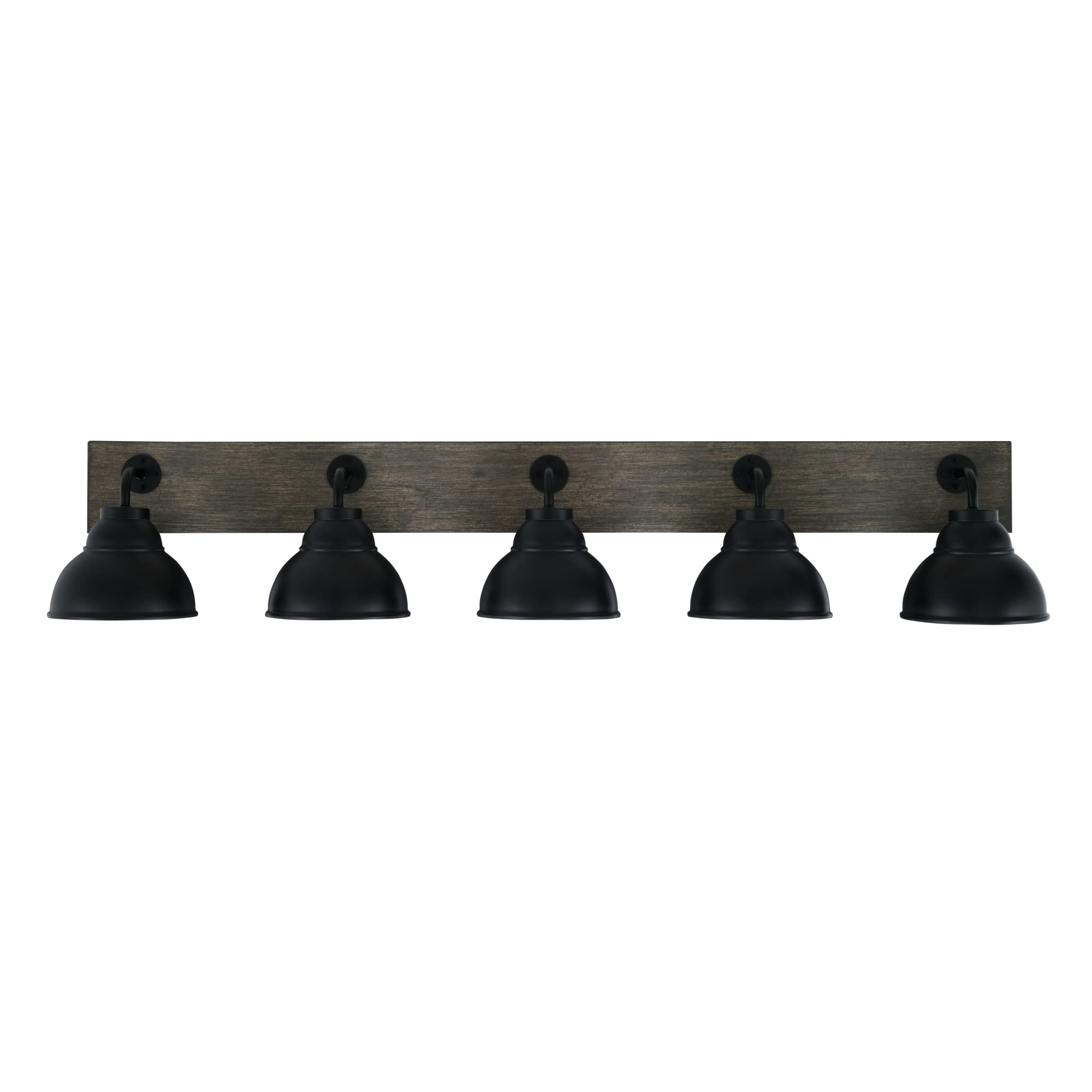 Oxbridge 5 Light Bath Bar In Matte Black & Painted Distressed Wood-Look Metal Finish With 7" Matte Black Double Bubble Metal Shades