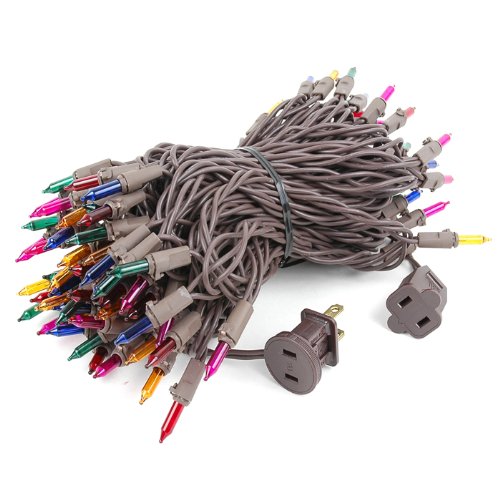 Novelty Lights 50 Feet 100 Bulbs Traditional Incandescent Mini Lights, Multicolor On Brown Wire With 6 Spacing, Commercial Grade