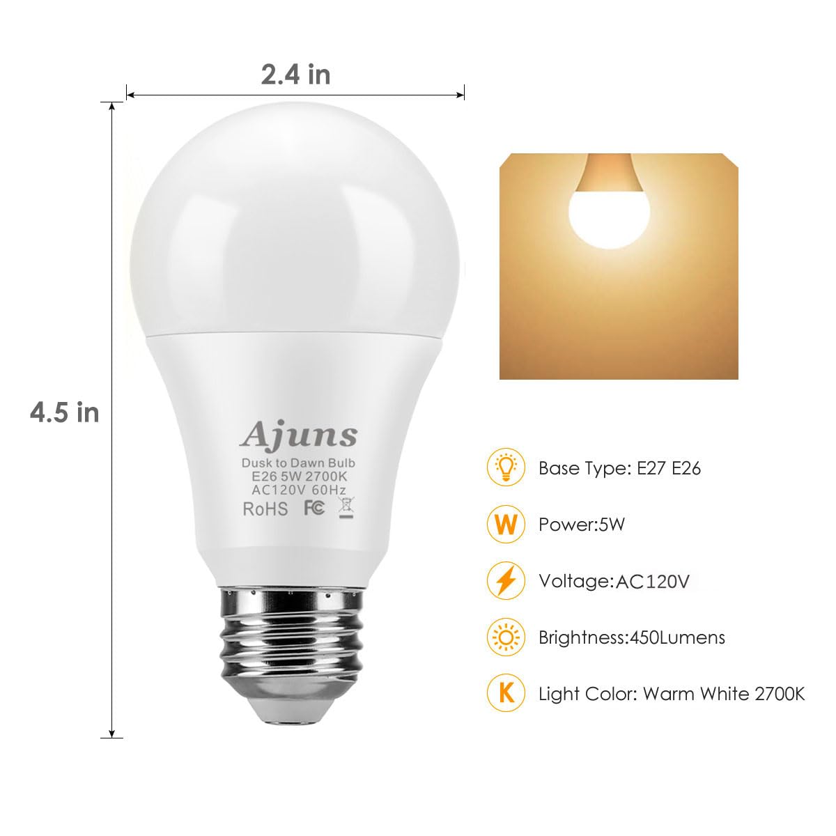Ajuns Dusk To Dawn Led Light Bulb, 5W E26, 2700K Warm White, 2-Pack, Automatic On/Off, Ideal For Porch & Garage Lighting