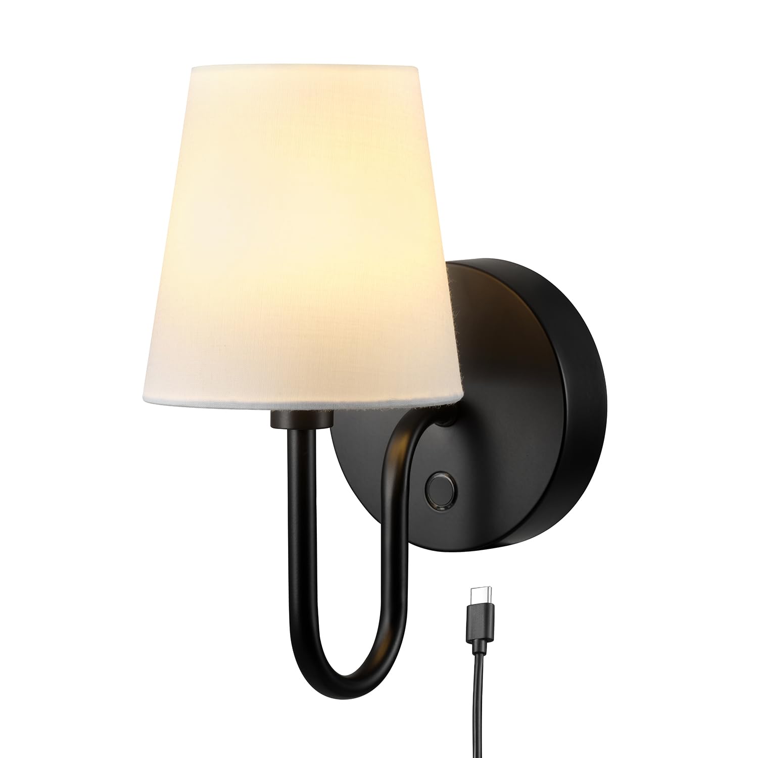Globe Electric 65000132 Rechargeable Battery Wall Sconce, Integrated LED, Matte Black Finish, White Fabric Shade, 3-Step Touch D
