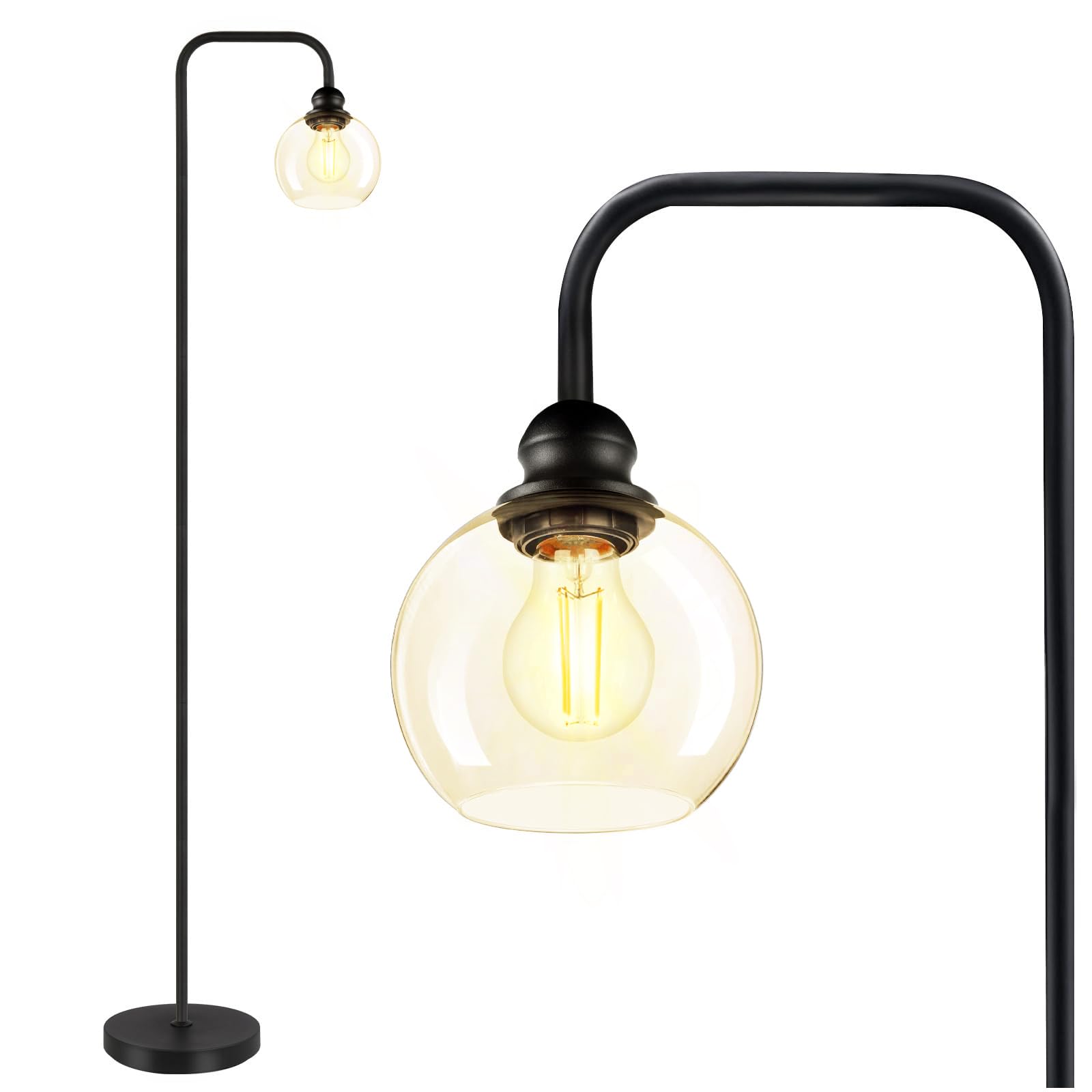 Modern Led Floor Lamp, Industrial Floor Lamps With Hanging Clear Glass Shade, Black Classic Reading Tall Lamp For Office, Standi