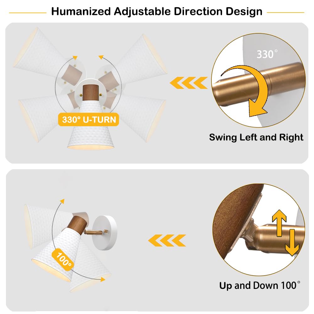 Dsmjfu White Wall Sconces Set Of Two, Modern Rotateable Wall Light Set Of 2, Beside Sconces Wall Lamp With Hammered Metal Shade, Rustic Wood Sconce Wall Lighting For Bedroom Living Room Hallway