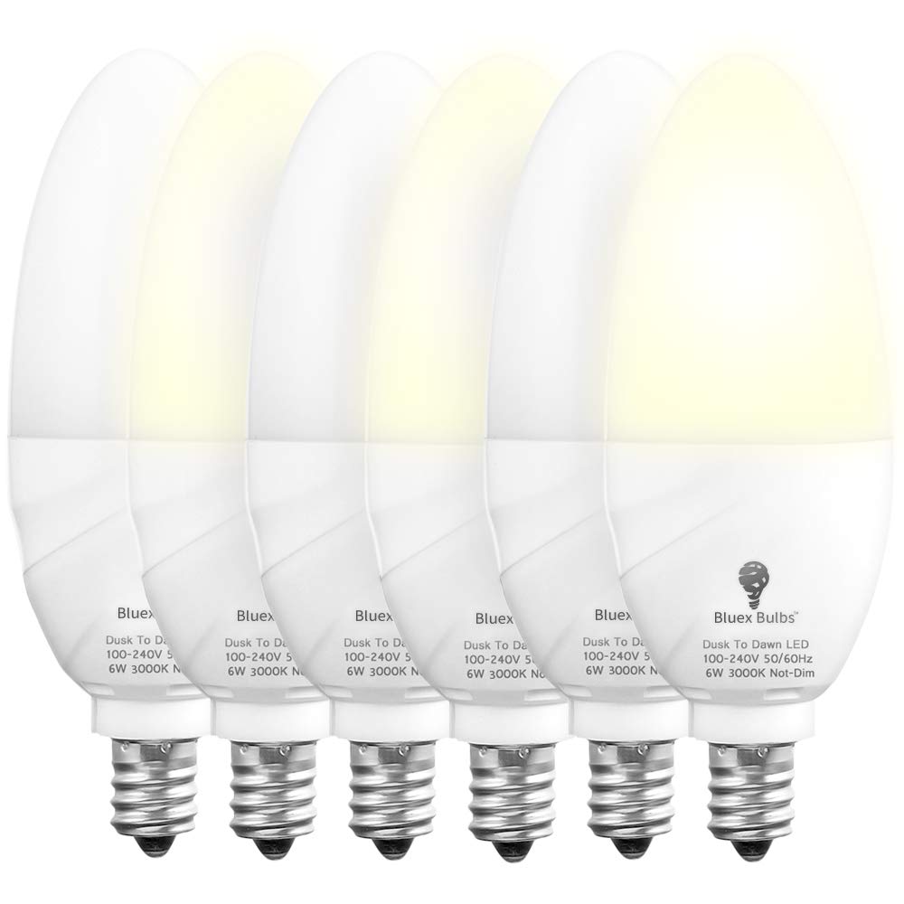 Bluex Bulbs 6 Pack Dusk to Dawn LED Candelabra Bulbs, 6W E12 Base, 3000K Warm White, Glass