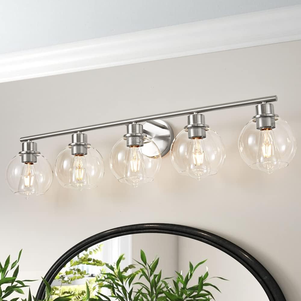 Lanmate Bathroom Light Fixtures Over Mirror 5-Lights Bathroom Vanity Light With Clear Globe Glass Shade 37.4 Inch Modern Brushed