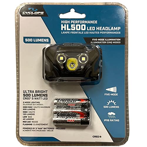 Cyclops HL500 Headlamp | 500 Lumen Bright LED | Weather Resistant | Adjustable Headband | Black | One Size