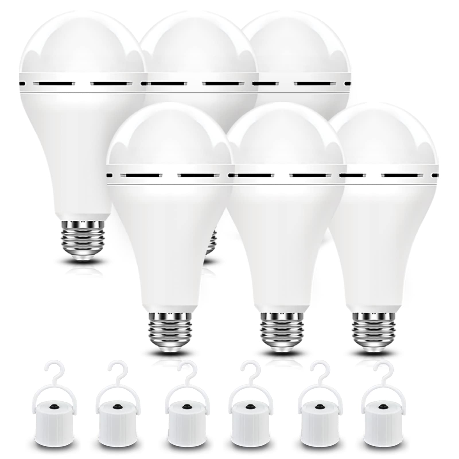 BoRccdit Emergency Rechargeable Light Bulb, 12W 6500K LED, 6 Pack, 1200 mAh Battery Backup, Cool White