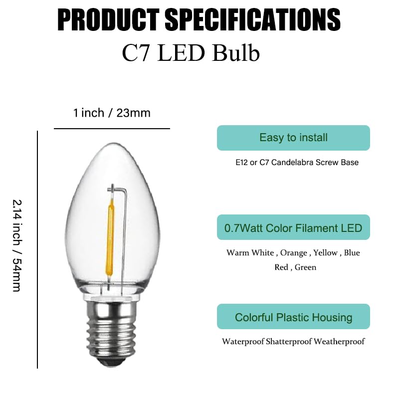 Venusop 5 Pack C7 Warm White Led Replacement Christmas Light Bulbs,E12 Candelabra Base, Shatterproof Plastic, For Christmas Outd