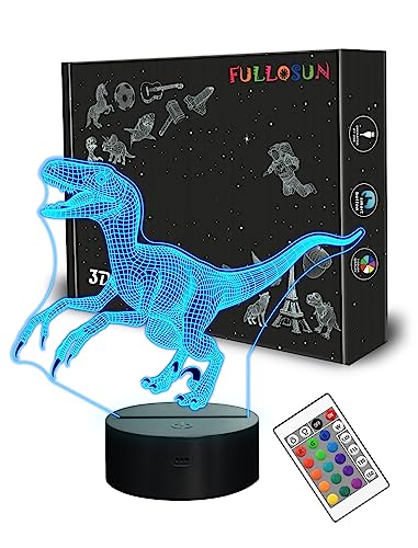 Fullosun 3D Dinosaur Night Light, Velociraptor Blue Lamp With Remote & 16 Color Options For Kids