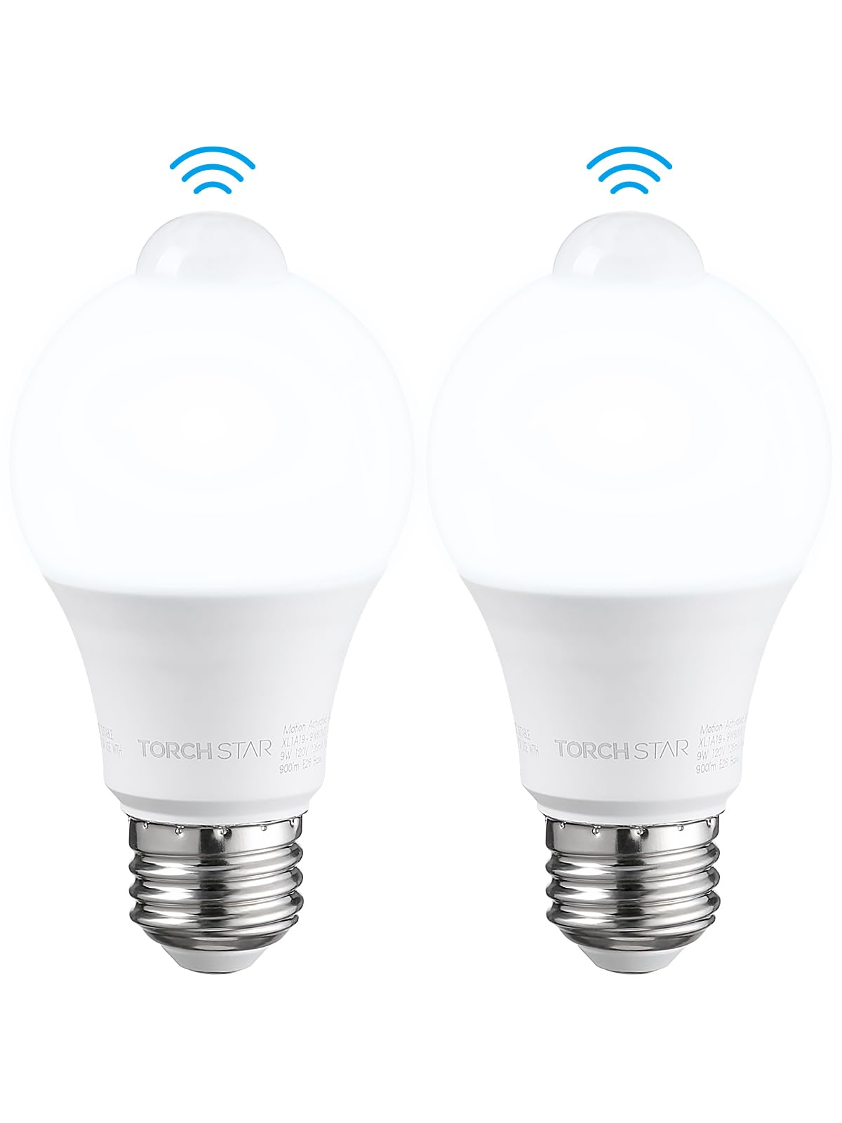 TORCHSTAR LED Motion Sensor Light Bulb, 9W, E26 Base, 900LM, Pure White (6000K), Pack of 2