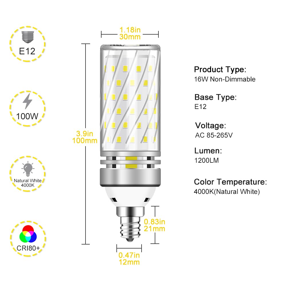 Inshareplus Led Light Bulb, 16W E12 Base, 1500Lm 120W Equivalent, Non-Dimmable, Nature White 4000K, 6Pack