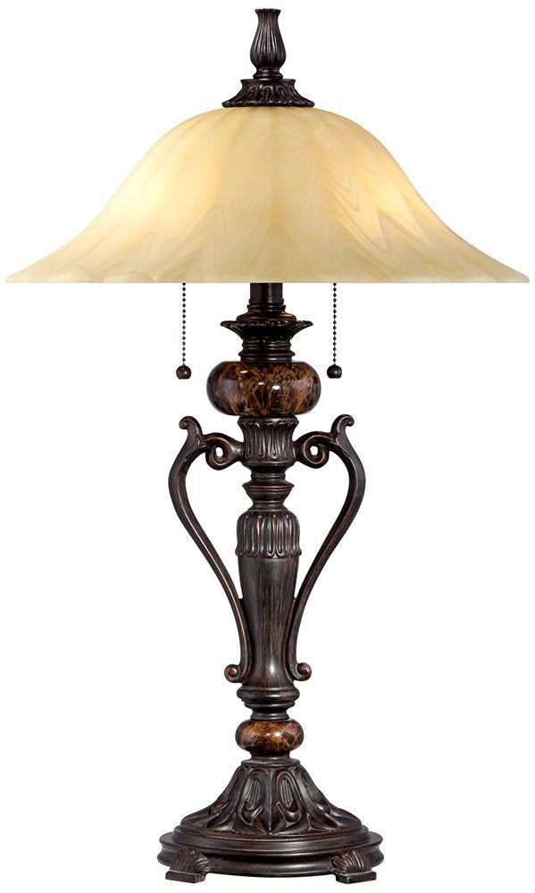 Kathy Ireland Amor Traditional Vintage Table Lamp 26'' High Bronze Brown Marble Flared Alabaster Champagne Glass Shade Decor For
