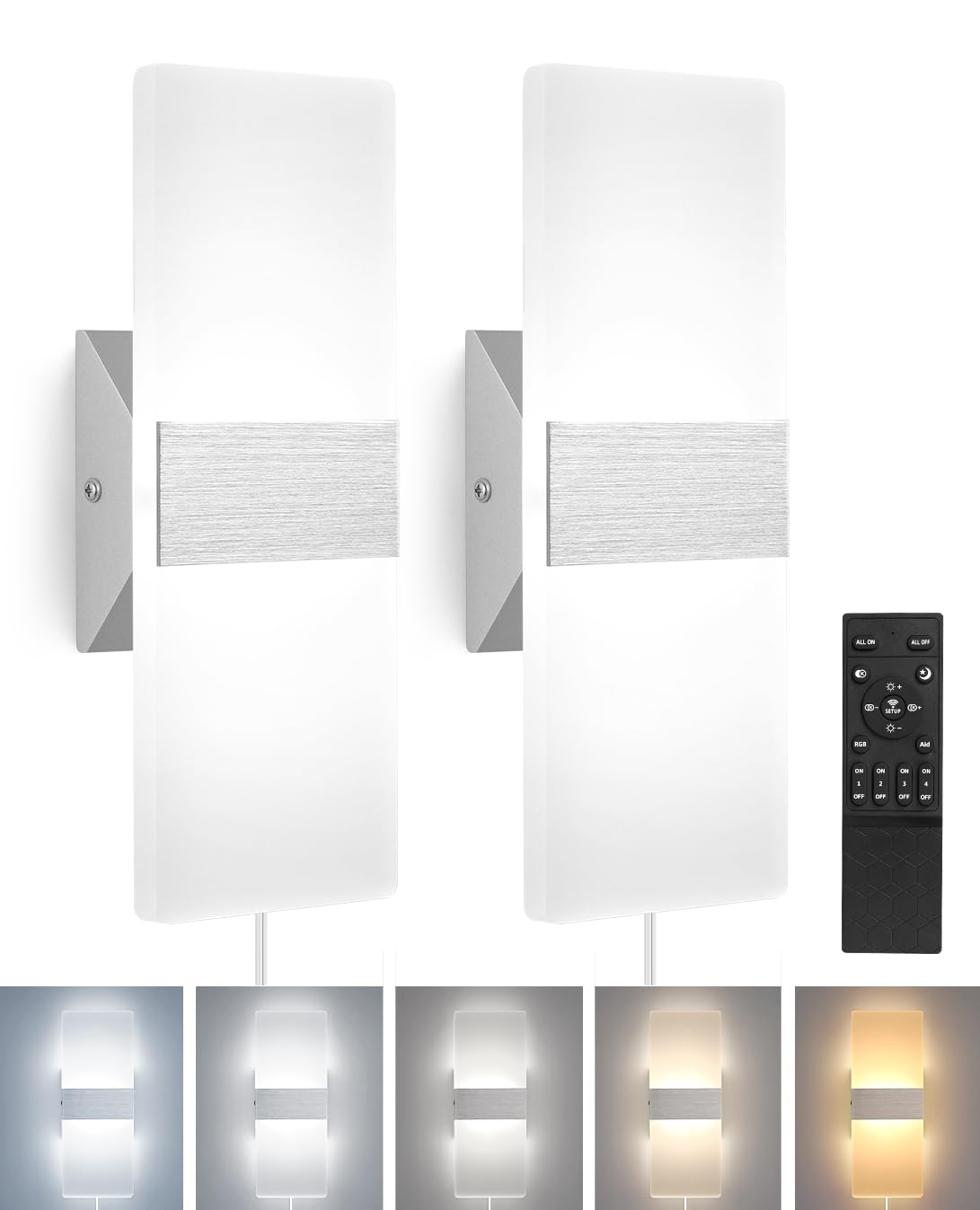 LARICH Plug in Wall Sconces Set of Two, 3000K-6500K Dimmable, Acrylic, Silver, Model WS-2P-SL