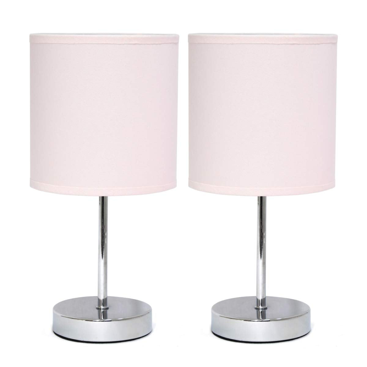 Simple Designs Chrome Mini Basic Table Lamp with Fabric Shade 2 Pack Set, Blush Pink