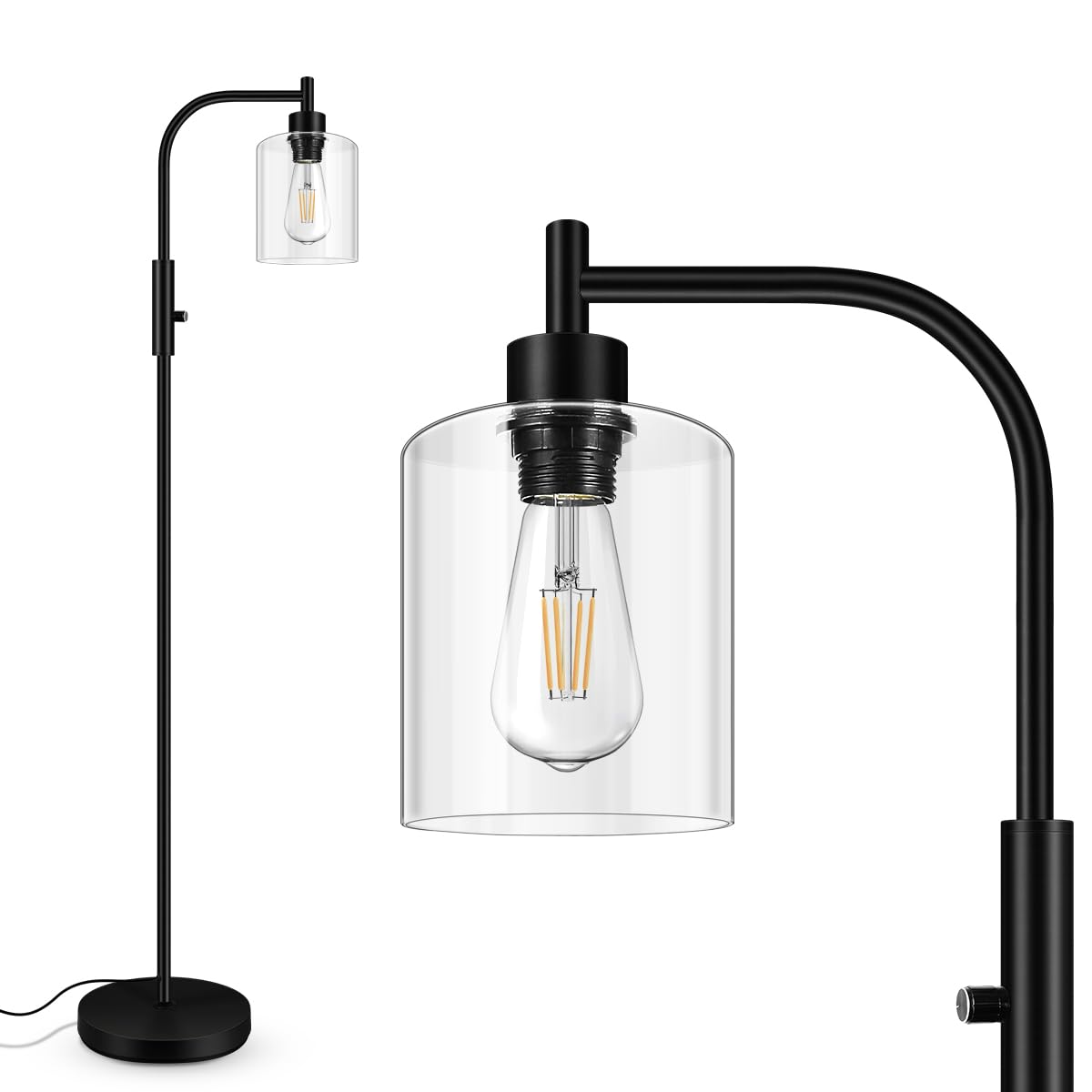 BoostArea Dimmable Floor Lamp, Glass Lampshade, 6W LED Bulb, Modern Industrial Design, Clear Glass, Model B1431
