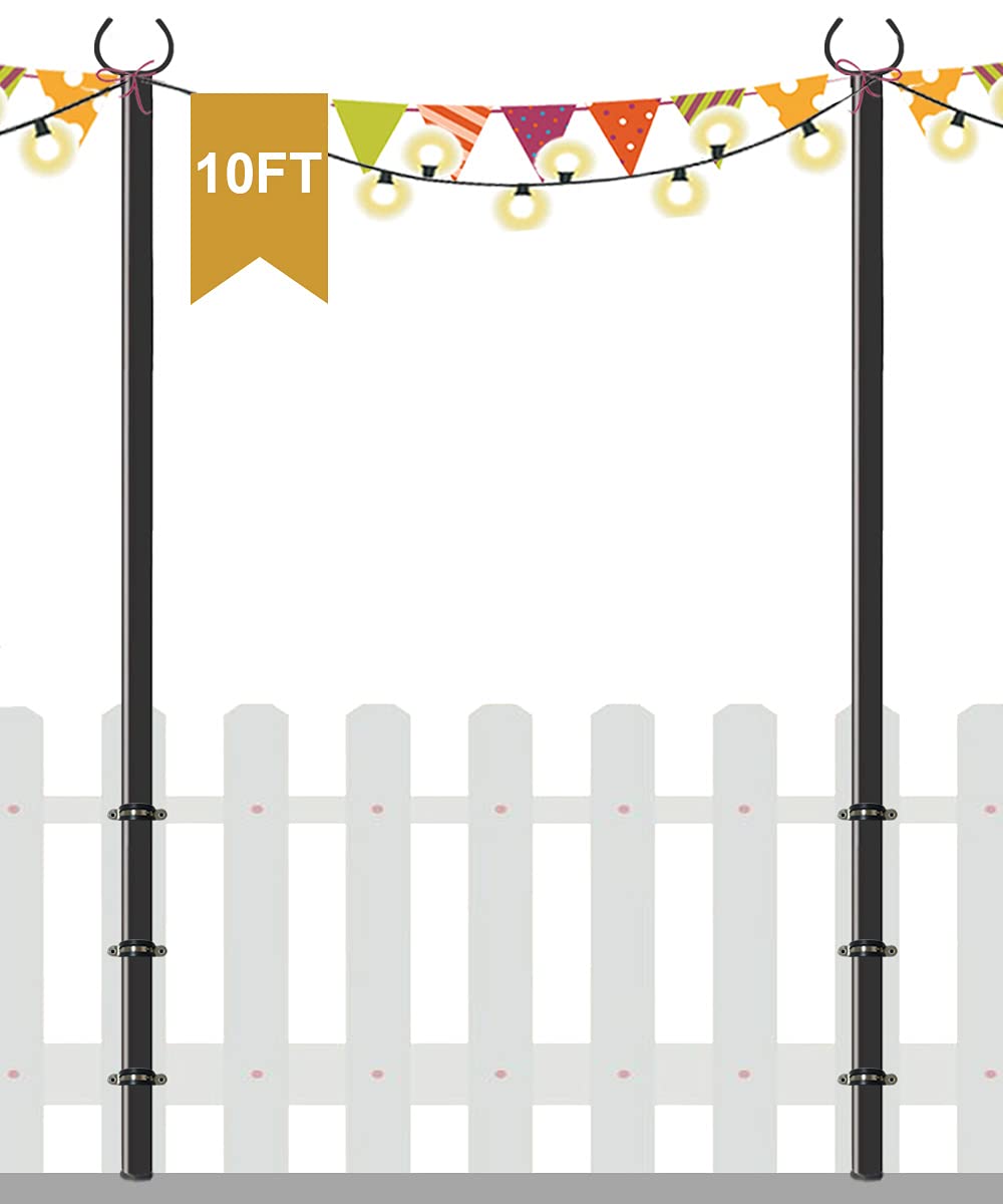 Derkniel 10 Ft Outdoor String Light Pole Stand For Deck Fence Or Patio Railing, Adjustable Globe Patio Light Post For Hanging Outside Decorate Lighting, 2 Packs