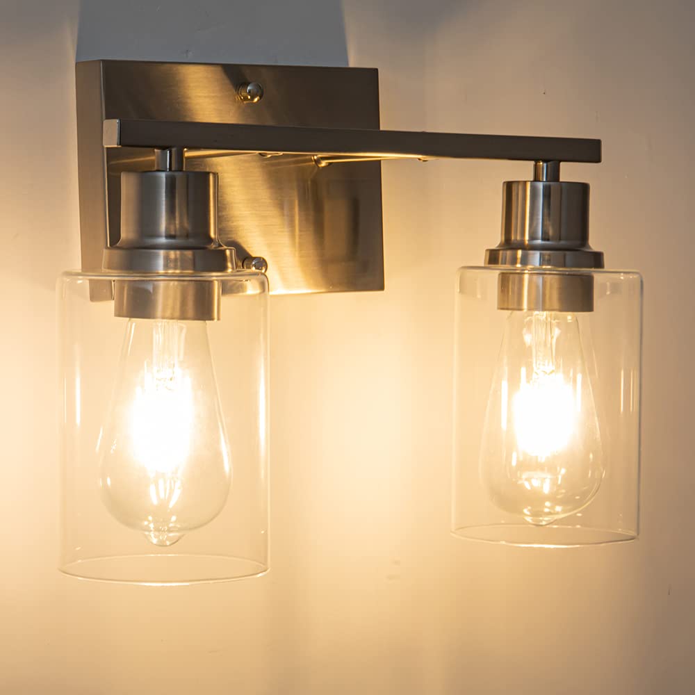 Emong Brushed Nickel Bathroom Light Fixtures, 2-Light Vanity Light With Clear Glass Shade, Wall Sconces For Hallway, Farmhouse,B