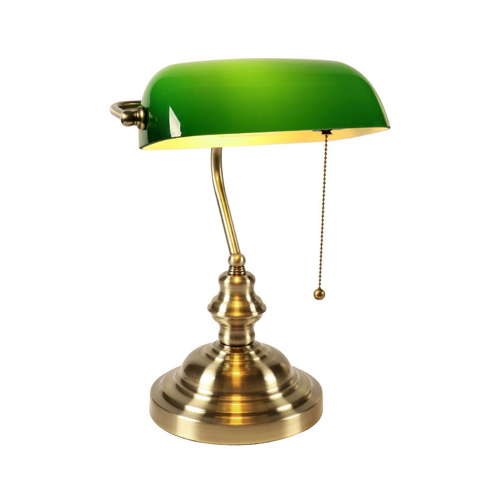 Newrays Glass Bankers Desk Lamp with Pull Chain Switch Plug in Fixture (Green)