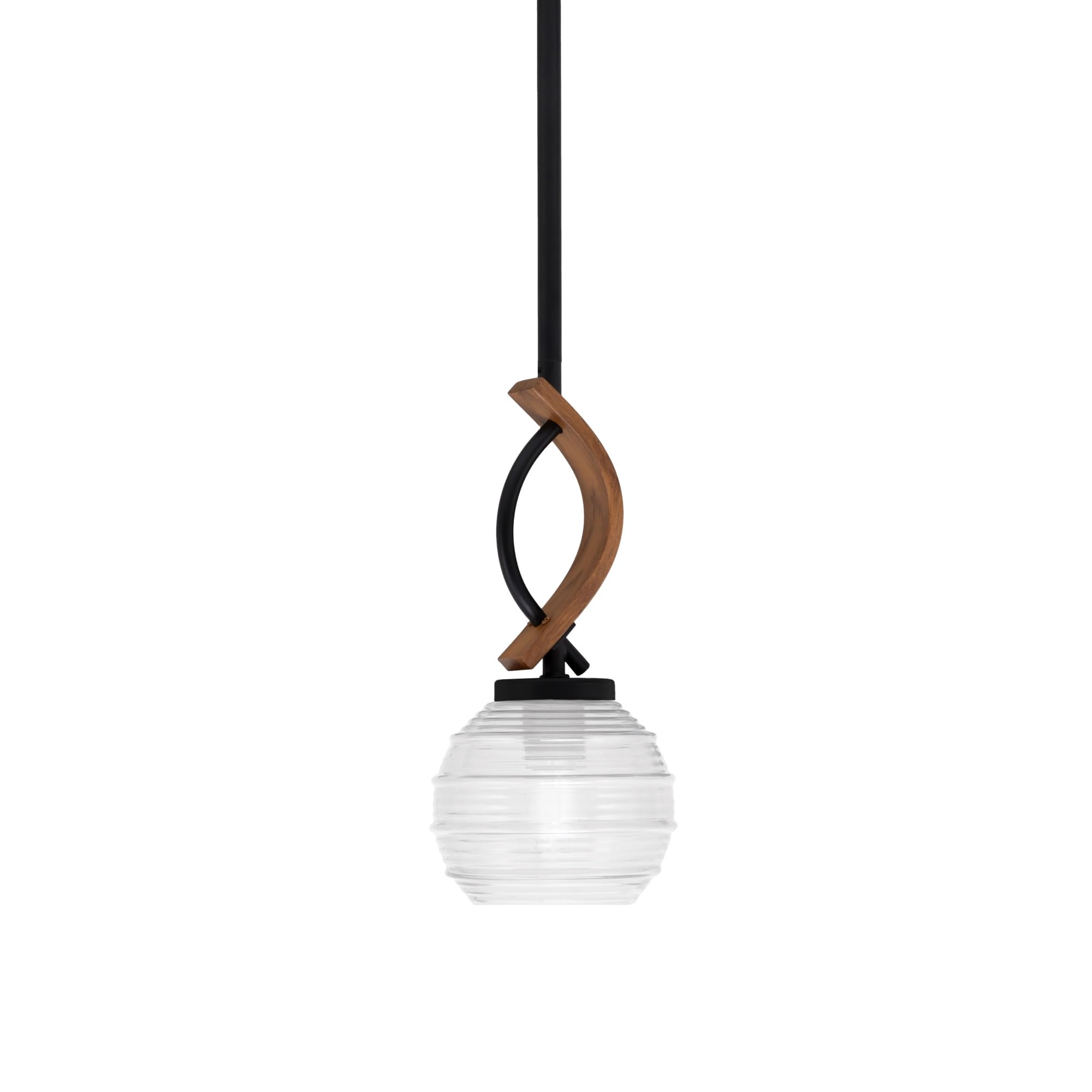 Toltec Lighting Monterey Stem Hung Mini Pendant, Matte Black & Wood-Look Finish, 6in Clear Ribbed Glass