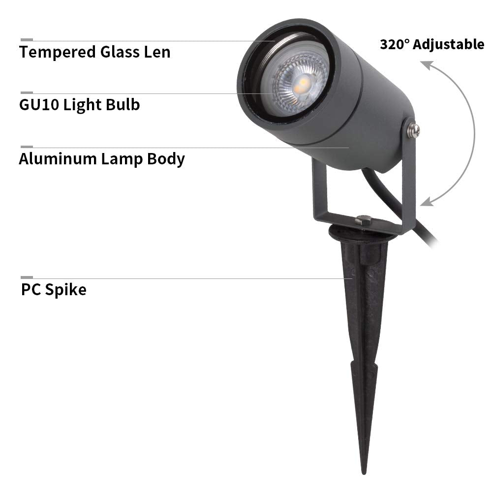 DAWALIGHT Outdoor Spotlight, 6W Landscape Lighting, GU10 Bulb, IP65 Waterproof, Aluminum, Dark Gray, Model DS0091