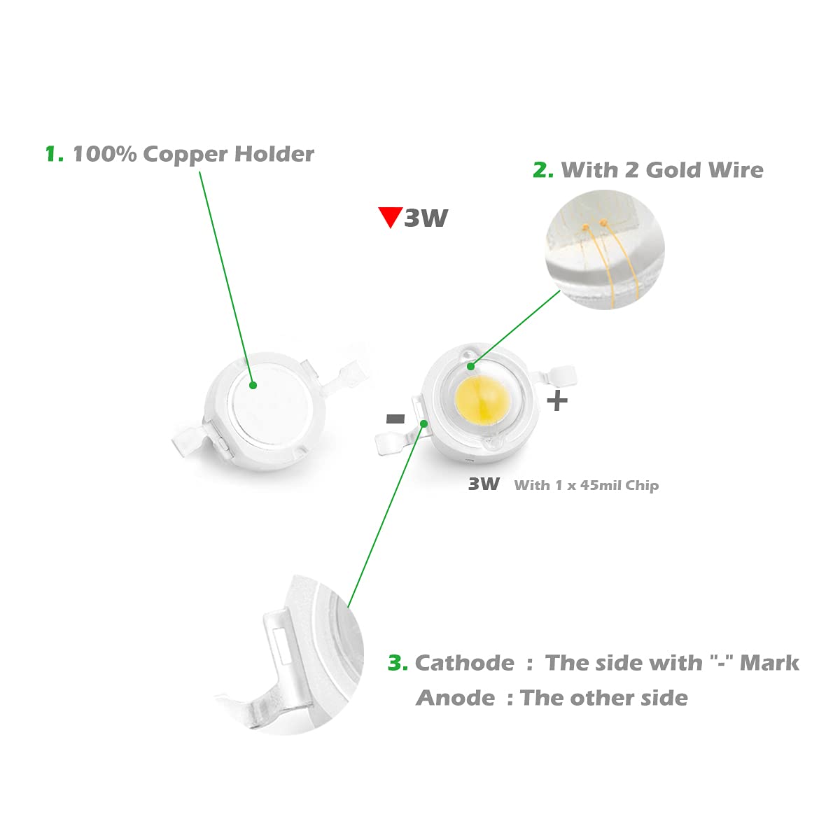 Chanzon 10 Pcs High Power Led Chip 3W Natural White (4000K - 4500K / 600Ma - 700Ma / Dc 3V - 3.4V / 3 Watt) Super Bright Intensi