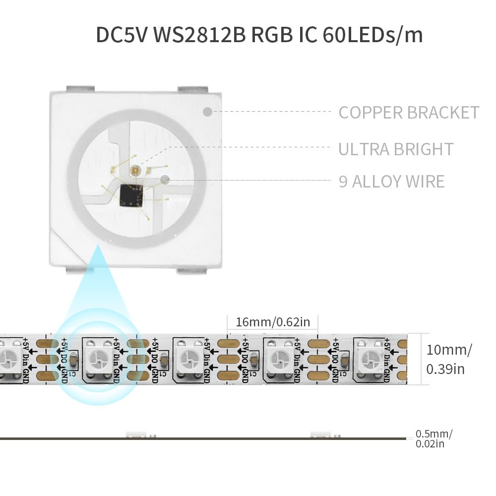 Loamlin Ws2812B Rgb Led Strip 16.4Ft 300 Leds Ip65 Waterproof White Pcb Fpcb