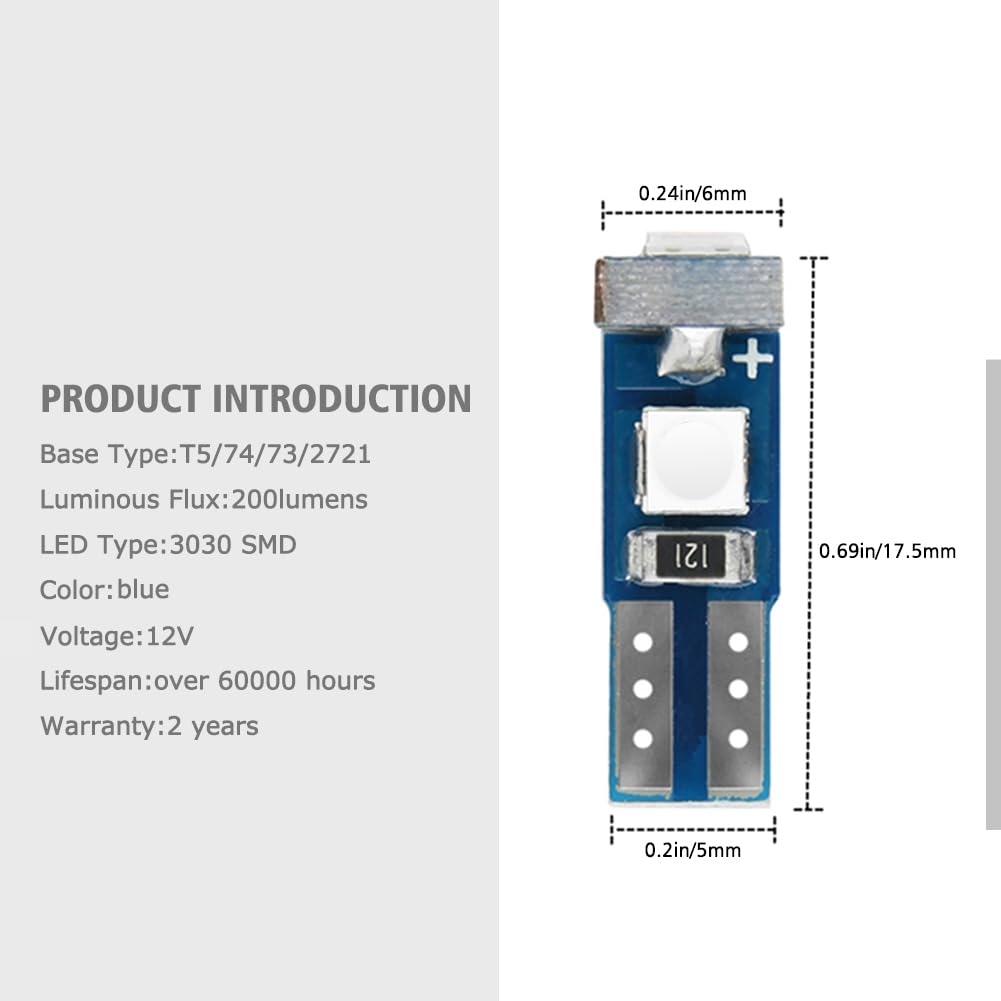 Nanpoku Super Bright 12X T5 74 73 37 2721 Led Bulb For Dashboard Instrument Panel Gauge Cluster Indicator Lights(Blue)