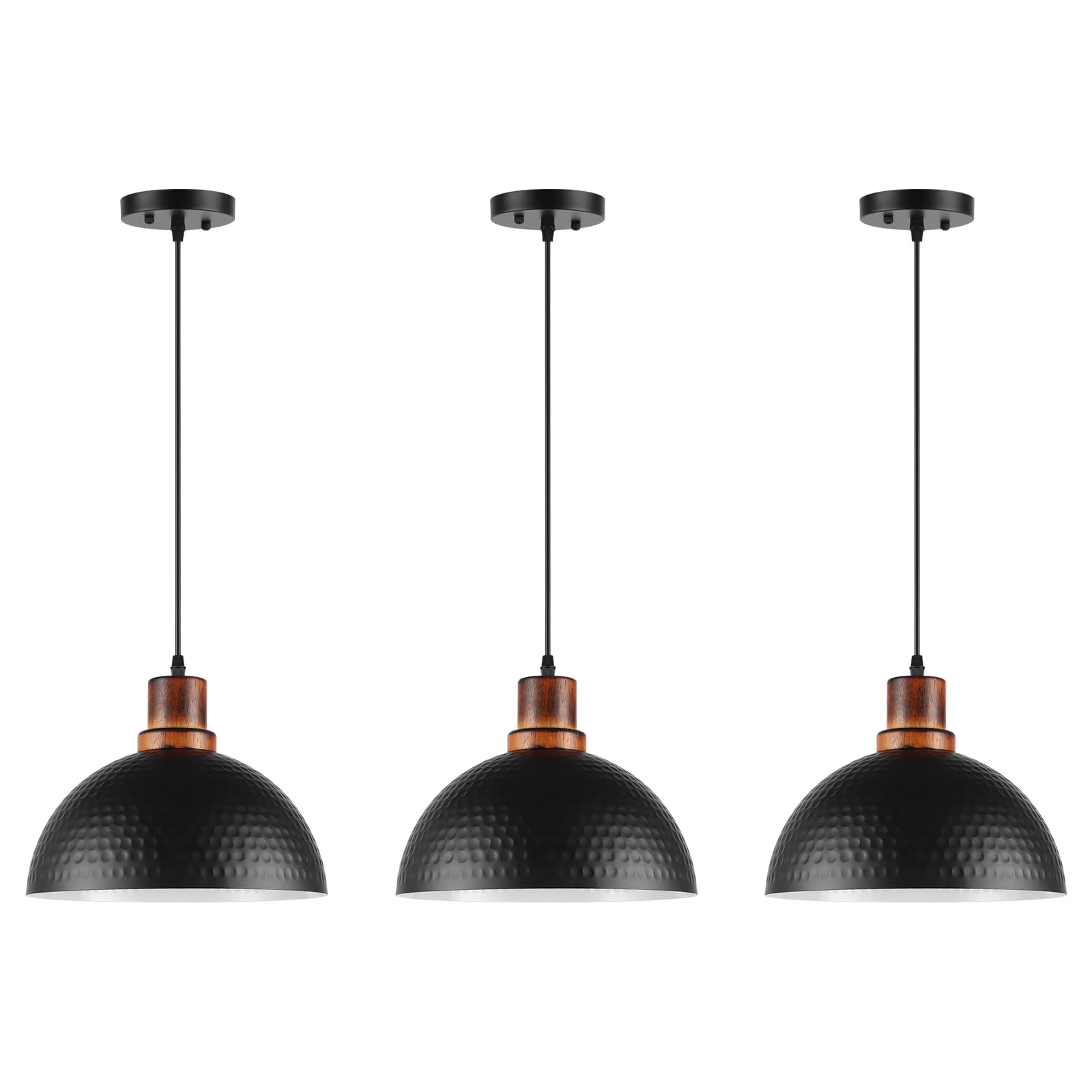 Mgcanyu Solid Wood Pendant Lights 3 Pack  11.8 Modern Matte Black Dome Hammered Metal Hanging Ceiling Light Fixtures Industrial Lighting For Kitchen Island Dining Living Room Restaurant Farmhouse