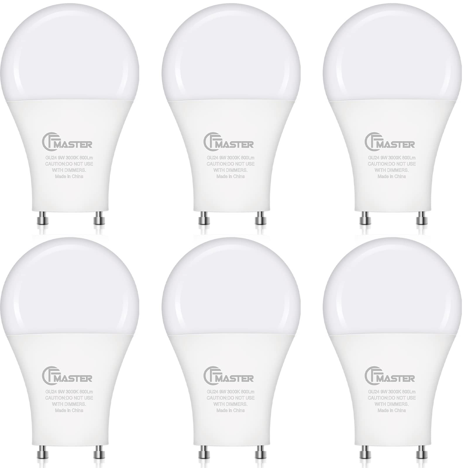 CFMASTER GU24 LED Light Bulb, 5000K Daylight, 9W(100W Equivalent), 800 Lumens, A19 Shape GU24 LED Bulbs, Twist and Lock GU24 Pin Base with Two Prongs, Non-Dimmable, UL ETL Certificated(6-Pack)
