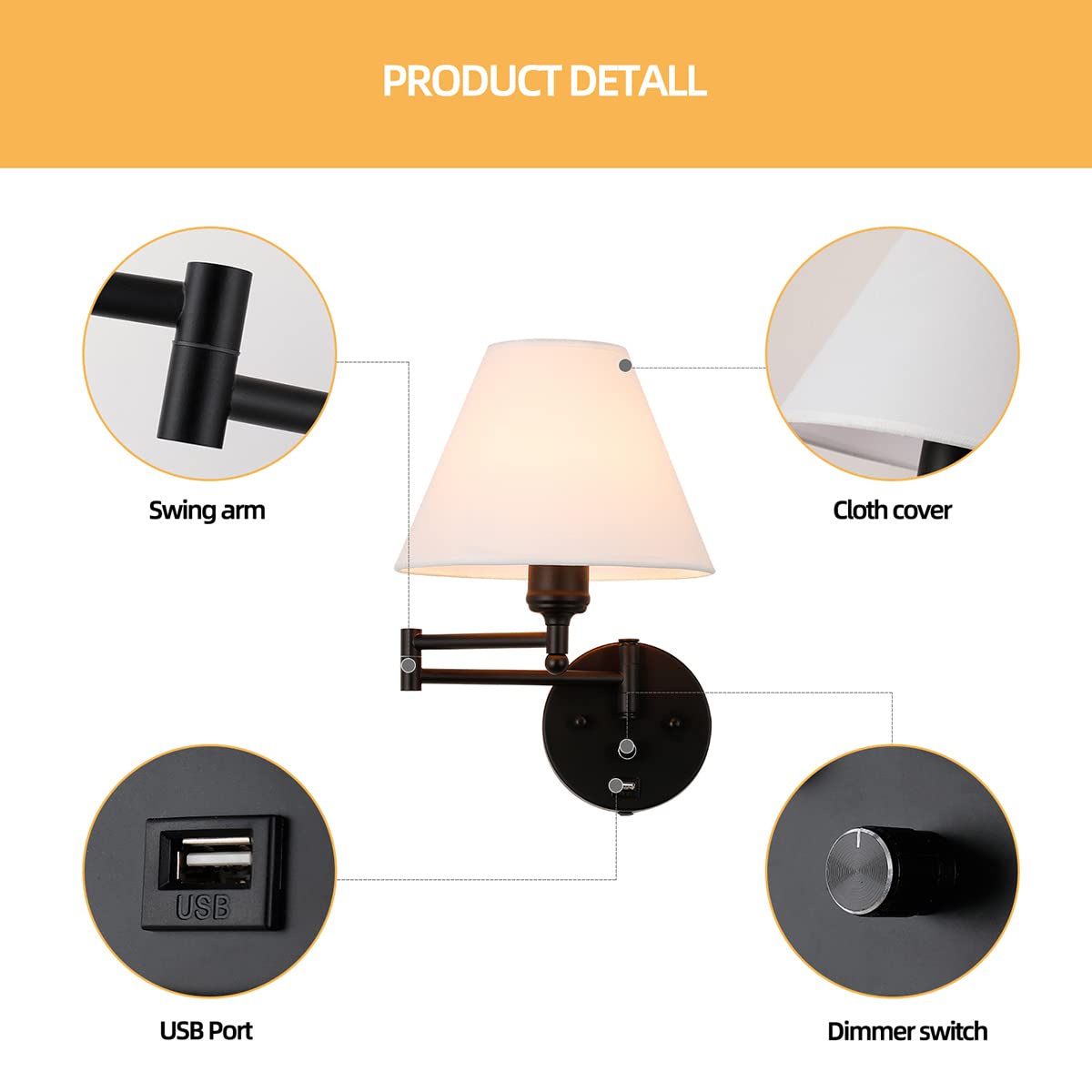 PFQCGU Swing Arm Wall Sconce, Black Metal, Dimmable Switch, USB Port, White Fabric Shade, Ideal for Bedroom & Living Room, Model AR—998