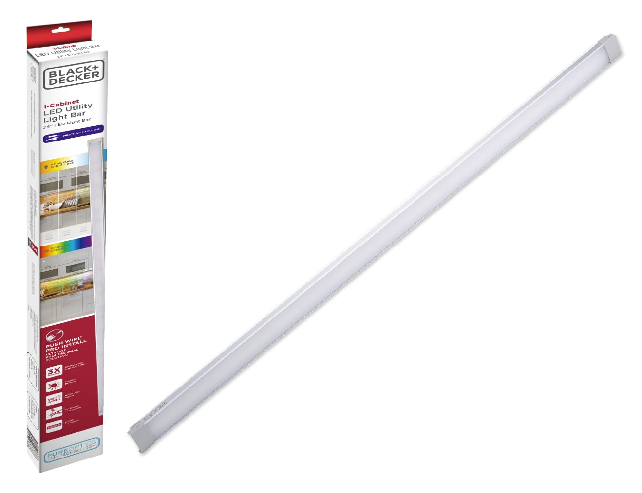BLACK+DECKER PureOptics LED Under Cabinet Light Bar, 24in Add-on, RGB/White, Aluminum, Model LEDUC24-CCTPW-B, Silver