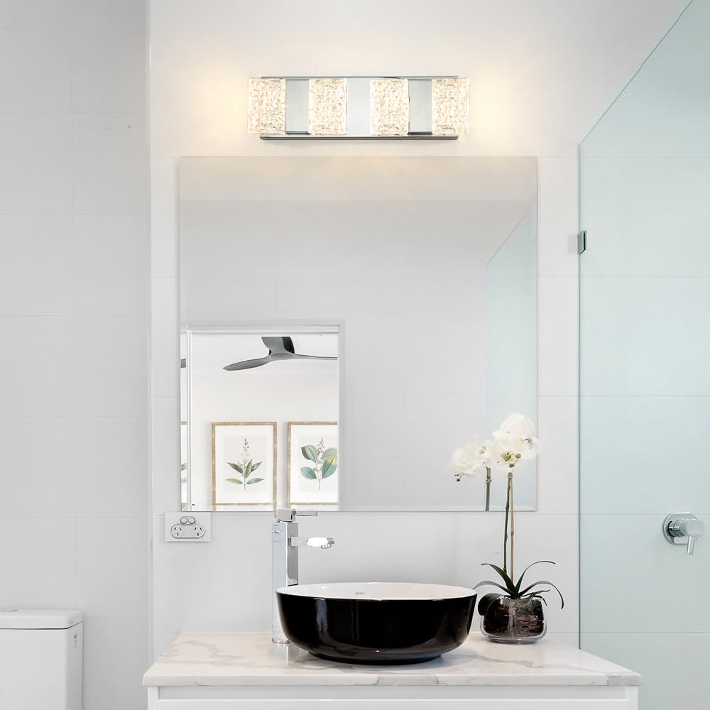 Modern Chrome 4-Lights Bathroom Vanity Light  Eleglant Chrome Led Bathroom Light Fixtures Over Mirror  Dimmable Acrylic Shade Wall Lighting Fixtures  Hardwired Wall Light(H4.33In  L15.16In)
