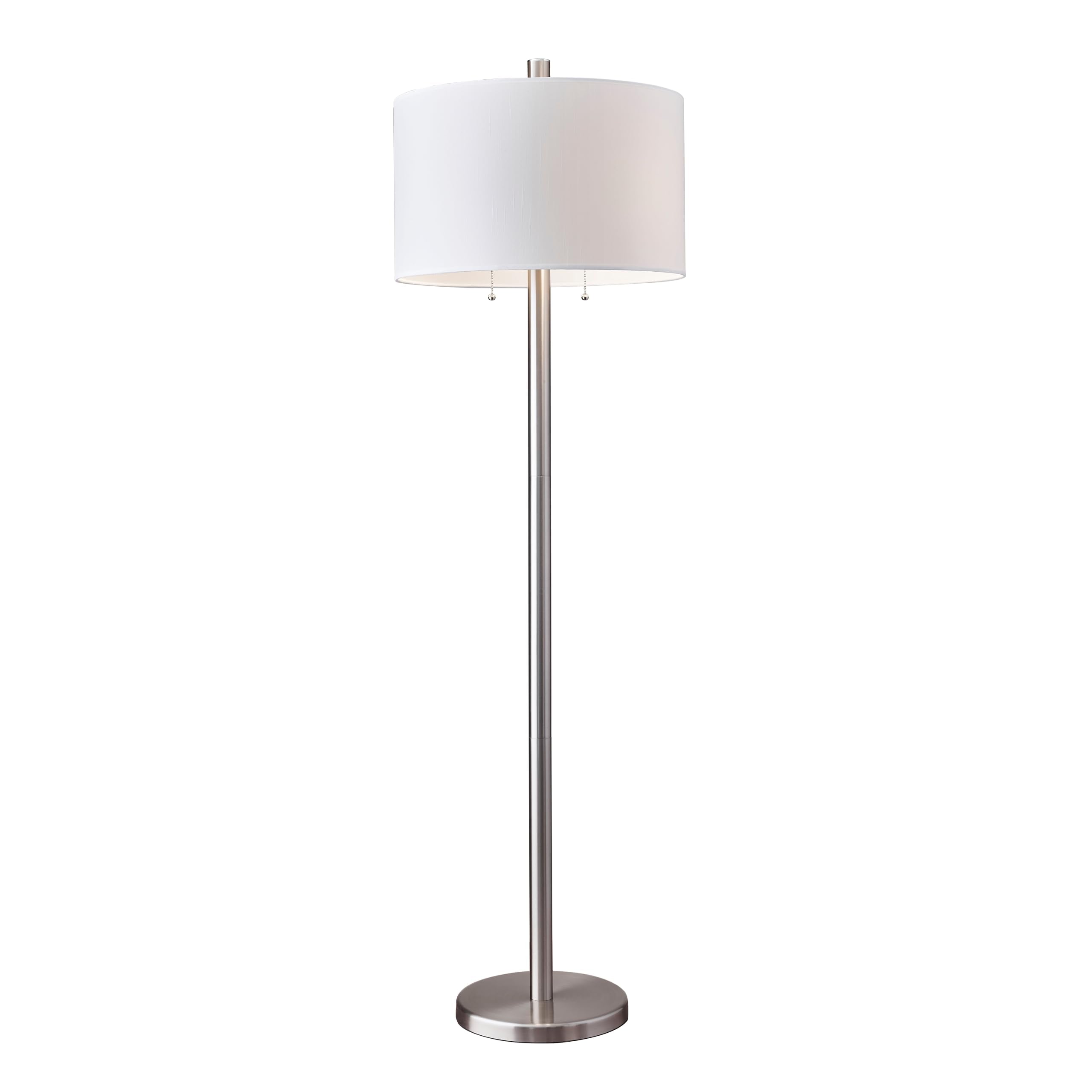 Adesso Floor Lamp with Dual Pull Chains, Brushed Stee; Finish, White Fabric Lampshade - Bedroom, Home Office Lighting, or Living