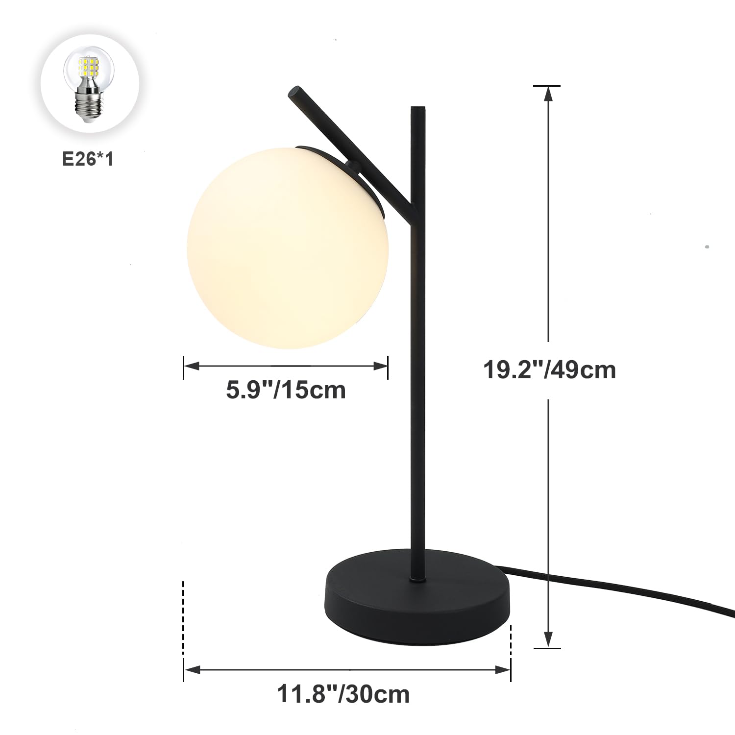 Fulesi Mid Century Modern Table Lamp Contemporary White Glass Globe Table Lamp Vintage Nordic Desk Lamp Metal Nightstand Lamp Fo