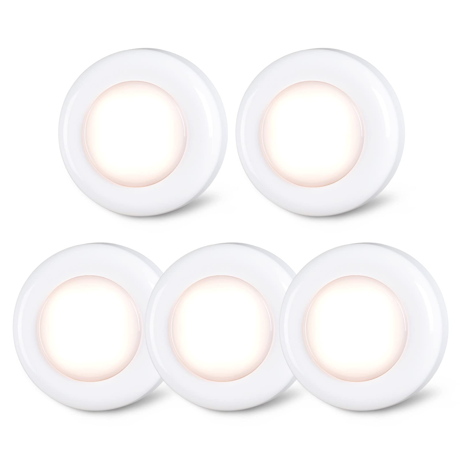 STAR-SPANGLED Push Tap Light, Mini LED Puck Lamp, 5 Pack, Warm White, Battery Operated, Model US-8016-YE5