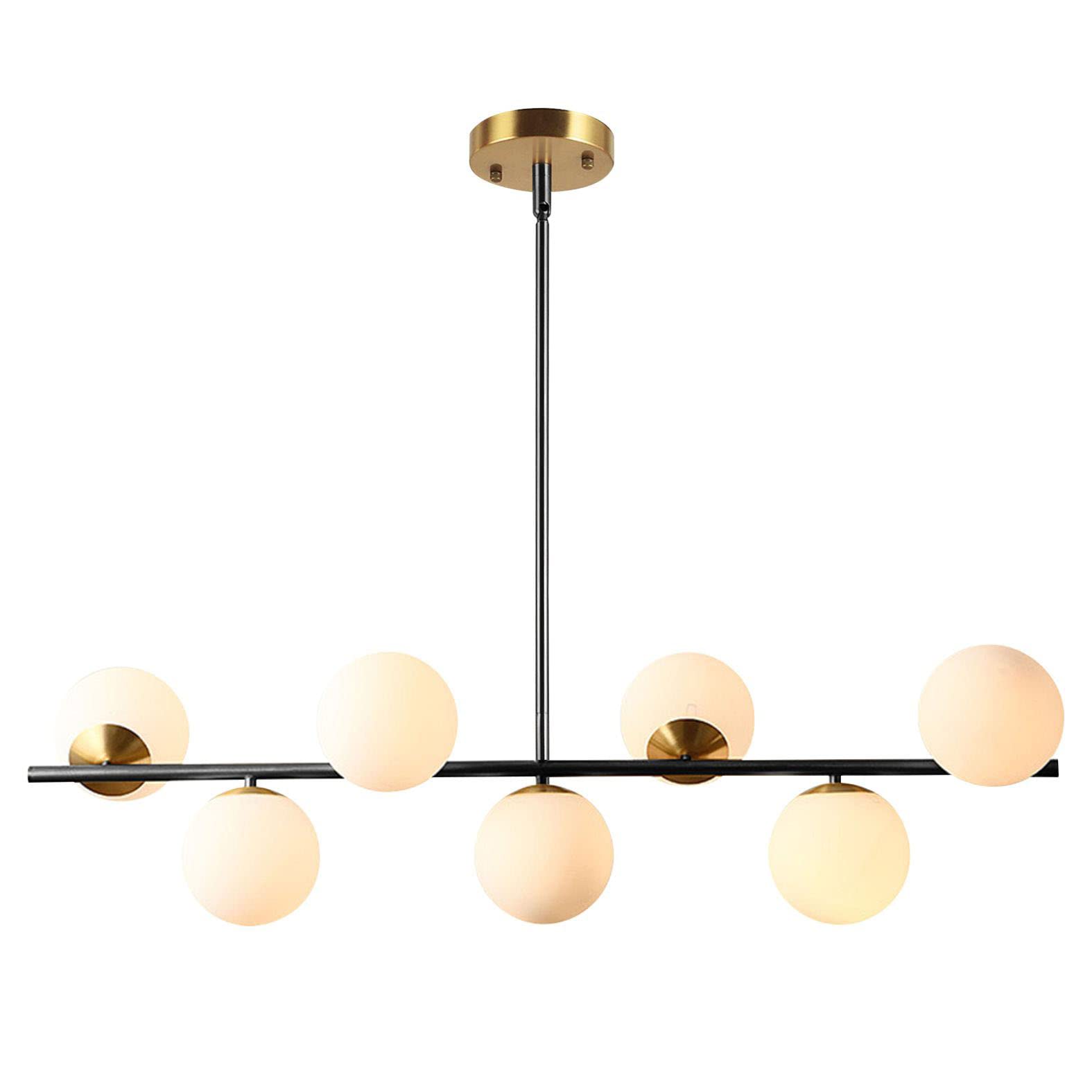 KCO Black and Brass Linear Pendant Light, 7-Lights, Milk Glass Globe, Mid Century Modern, Model L1043-B