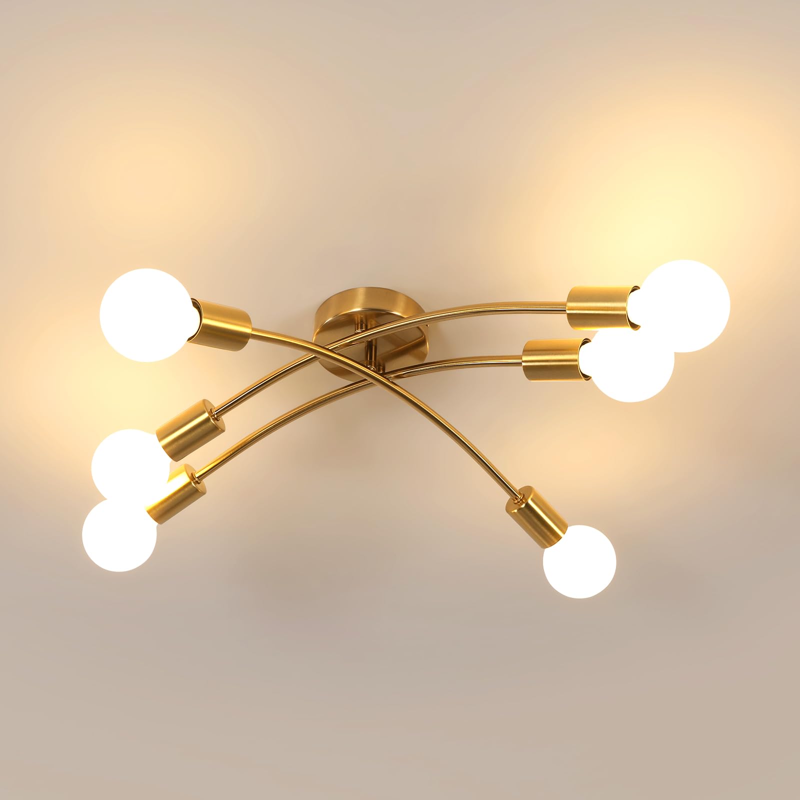 Tealight Gold Sputnik Ceiling Light Fixture  Modern 6-Light Sputnik Chandelier With 350 Rotatable Arms  E26 Bulb Compatible For Living Room  Bedroom  Dining Room - Stylish Home Decor Lighting