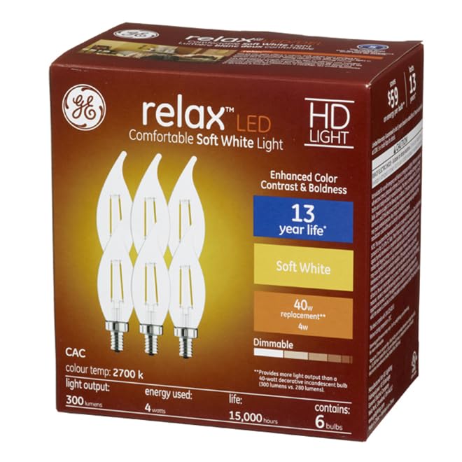 Ge (6 Bulbs) Relax Led Hd Decorative Chandelier Light Bulb, Clear, Bent Tip, 40 Watt Replacement, Candelabra Base, Dimmable 4 Wa