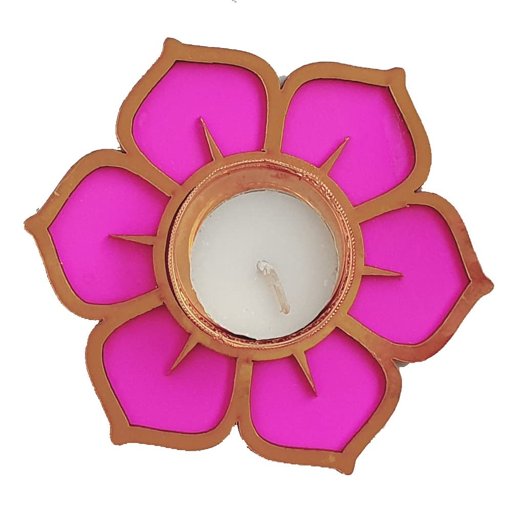 Gift Jaipur Handmade Pink Lotus and Flower Diya Rangoli Set of 7 Candles with Wax (4 Inch) | Deepak Diyas Home Temple Decoration