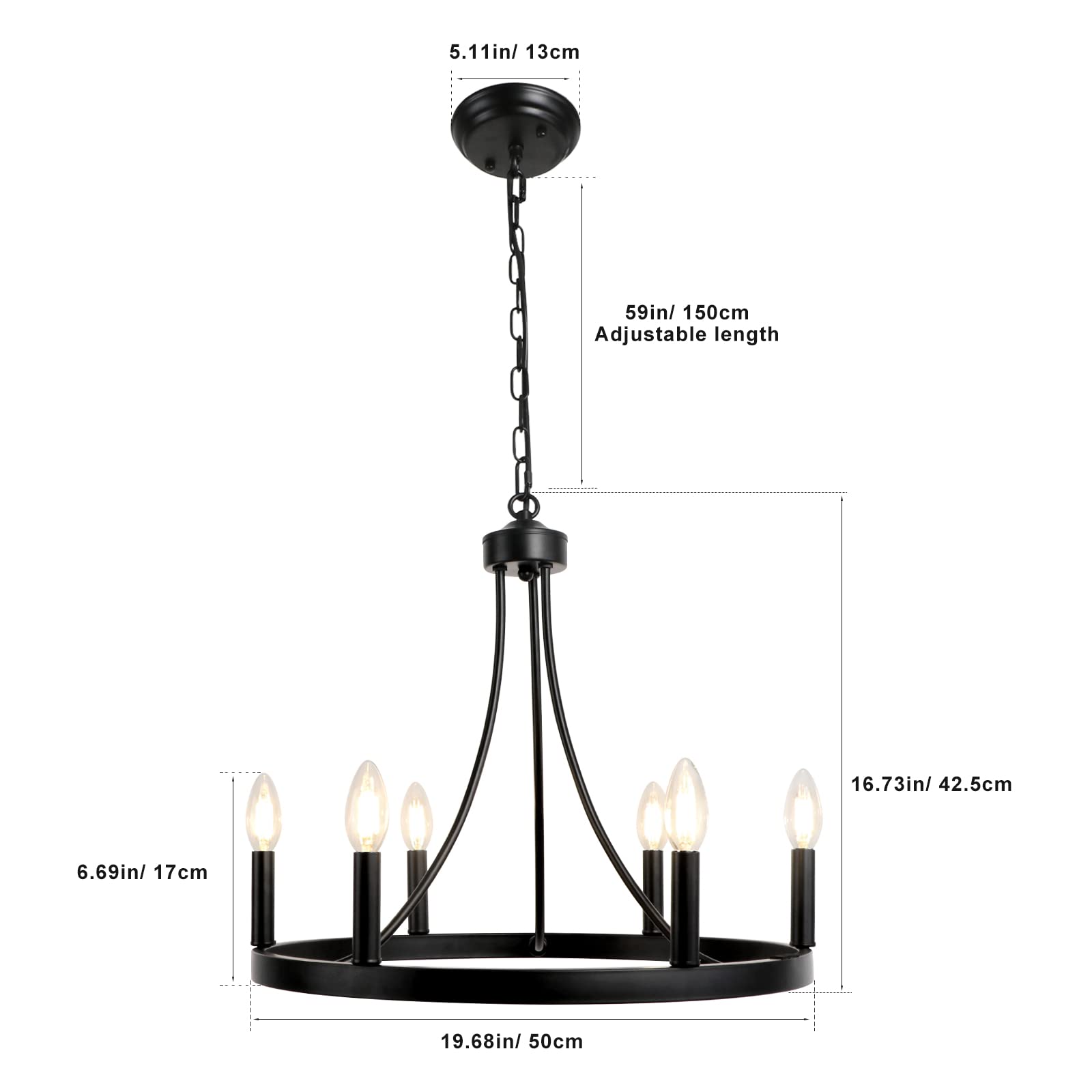 Lynpon 20&quot; Black 6-Light Wagon Wheel Chandelier - Rustic Farmhouse Pendant For Dining Room