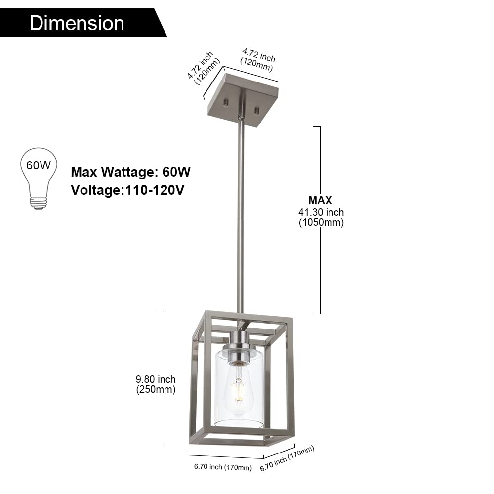 Vinluz Contemporary Pendant Lighting,Single 1 Light Brushed Nickel Cage Hanging Light With Clear Glass Shade For Kitchen Island