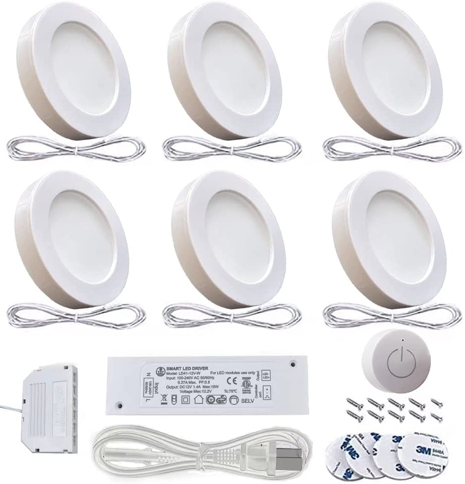 VST Under Cabinet Lighting 6 Pack, White Puck Lights, 3000K Warm White, Plug-in with Wireless Touch Dimmer, Model 022, Plastic