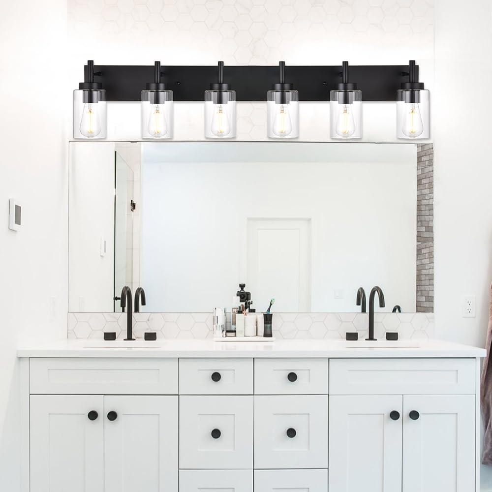 VINLUZ 6-Light Bathroom Vanity Light Fixture, Black Glass Shade, Modern Industrial Wall Sconce, Model 1810-6W-11